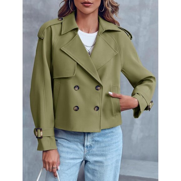 Women's Army Green Crop Double Breasted Trench Coat Raglan Sleeve Cropped Jacket - Picture 3 of 5